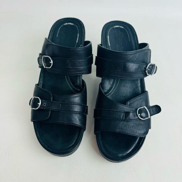 Rocky 4EurSole Sandals Black Leather Splendor Wedge Two Strap Slide Size 11.5 - Picture 4 of 13